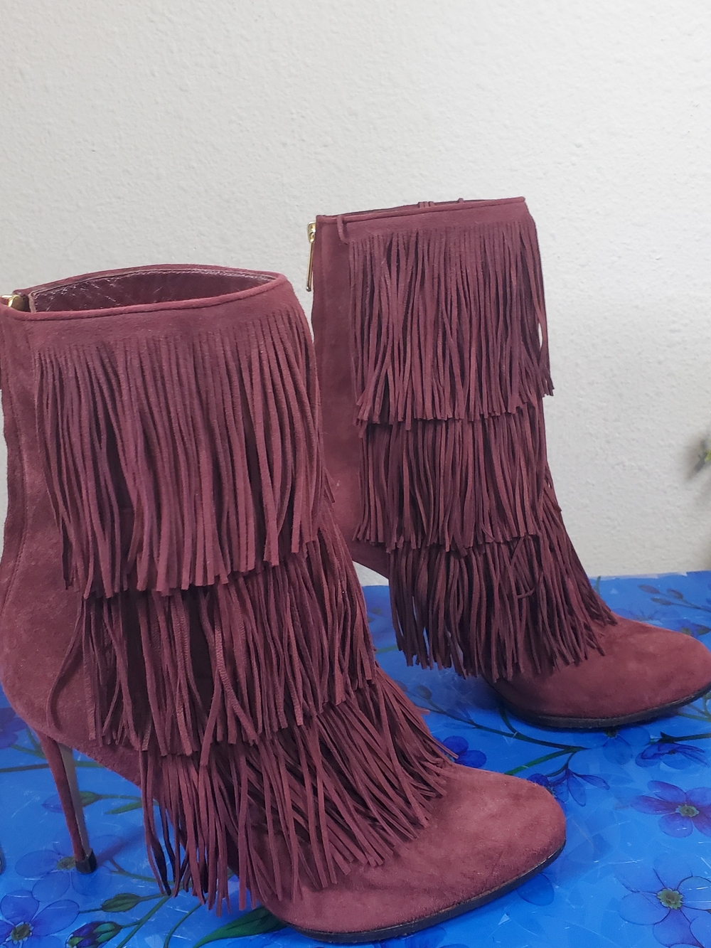 Paul Andrew Burgundy Suede Fringe Ankle Boots
